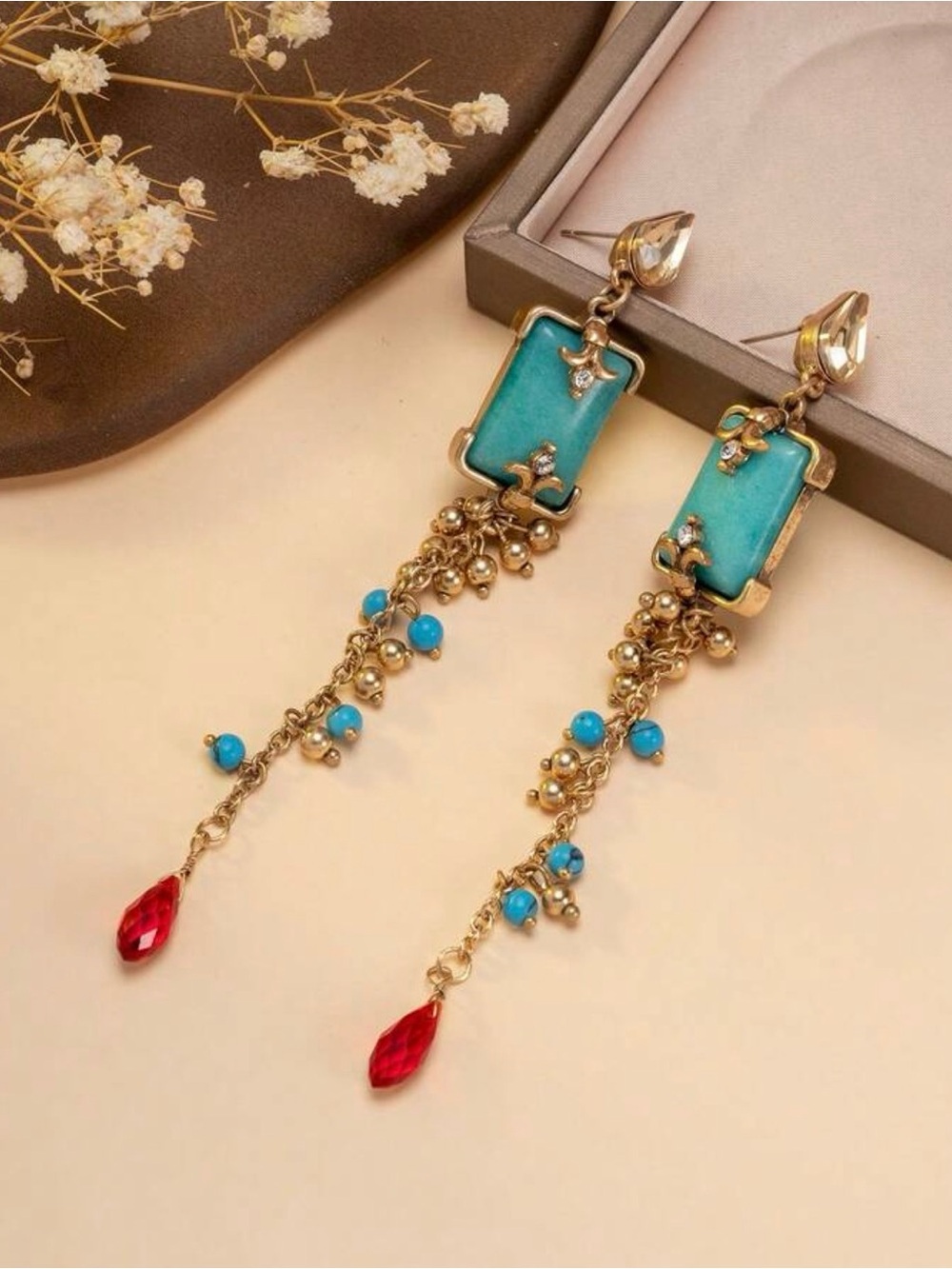 Vintage Gold-Tone Turquoise & Red Dangle Earrings